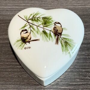 Cape Shore Inc Heart Trinket Jewelry Box Ceramic Chickadee Bird  White Vintage